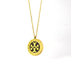 Greek Key Border Black Enamel Medallion Necklace