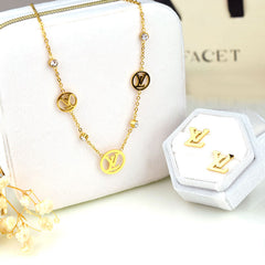 LV Monogram Necklace & Earrings Set – Gold Plated Elegance