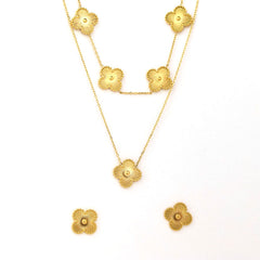 Gold necklace and earrings set on a white background