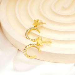 Celestial Star & Moon Stud Earrings – Gold with Crystals