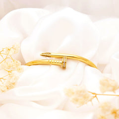 Gold-Plated Nail Design Bangle with Crystal Accents