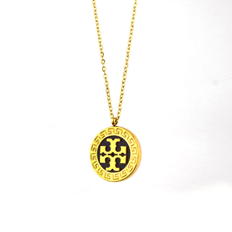 Greek Key Border Black Enamel Medallion Necklace