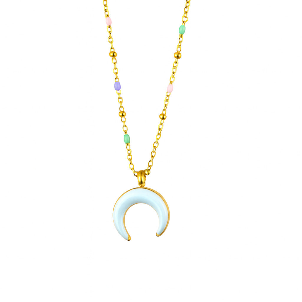 Gold Crescent Moon Pendant with Multicolor Bead Chain
