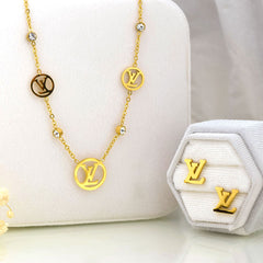 LV Monogram Necklace & Earrings Set – Gold Plated Elegance