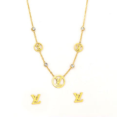 LV Monogram Necklace & Earrings Set – Gold Plated Elegance