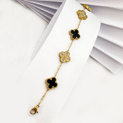 Black Clover & Crystal Charm Bracelet – Gold Plated Elegance