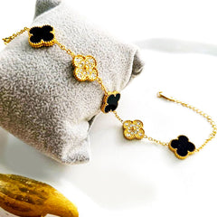 Black Clover & Crystal Charm Bracelet – Gold Plated Elegance