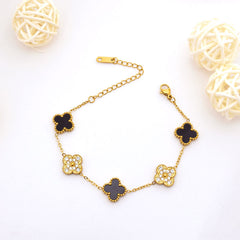 Black Clover & Crystal Charm Bracelet – Gold Plated Elegance