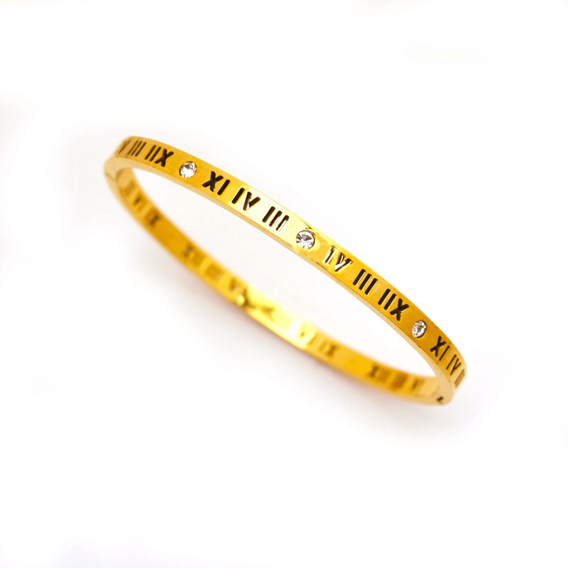 Roman Numeral Gold-Plated Bangle with Crystal Accents