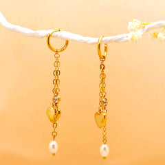 Golden Heart Pearl Drop Earrings