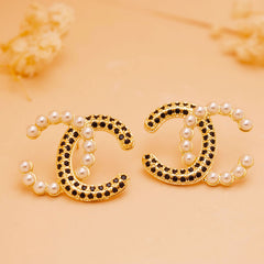 Pearl & Black Crystal Monogram Stud Earrings