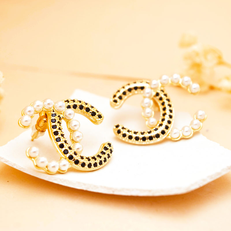 Pearl & Black Crystal Monogram Stud Earrings