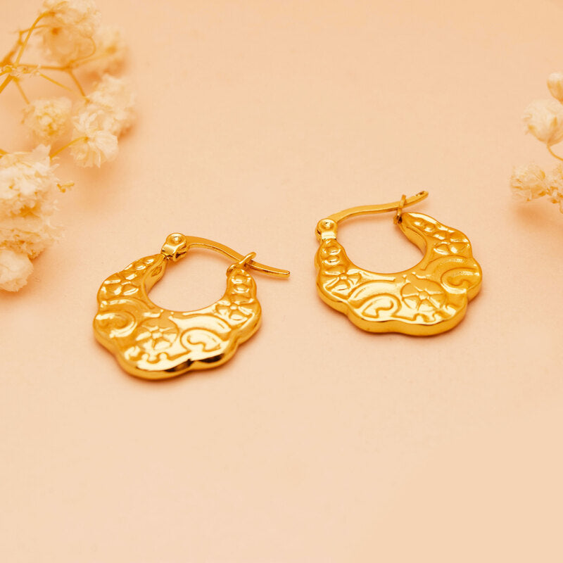 Ornate Floral Crest Gold Hoop Earrings