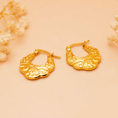 Ornate Floral Crest Gold Hoop Earrings