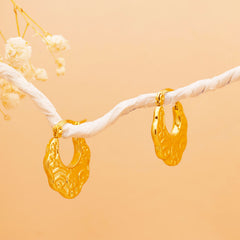 Ornate Floral Crest Gold Hoop Earrings