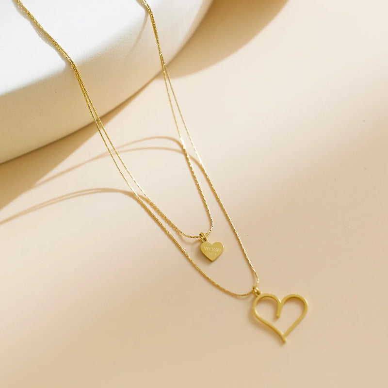 Double Heart Layered Pendant Necklace – Gold Finish