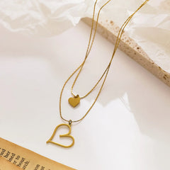 Double Heart Layered Pendant Necklace – Gold Finish
