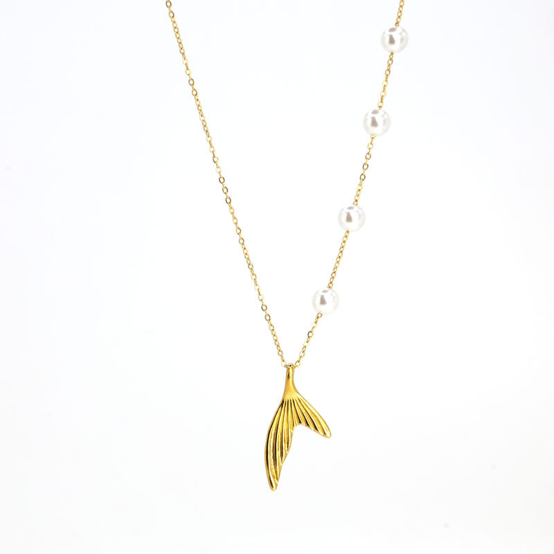 Golden Mermaid Tail Pendant with Pearl Chain