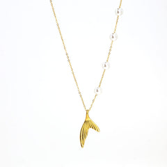 Golden Mermaid Tail Pendant with Pearl Chain