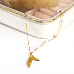Golden Mermaid Tail Pendant with Pearl Chain