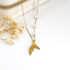 Golden Mermaid Tail Pendant with Pearl Chain