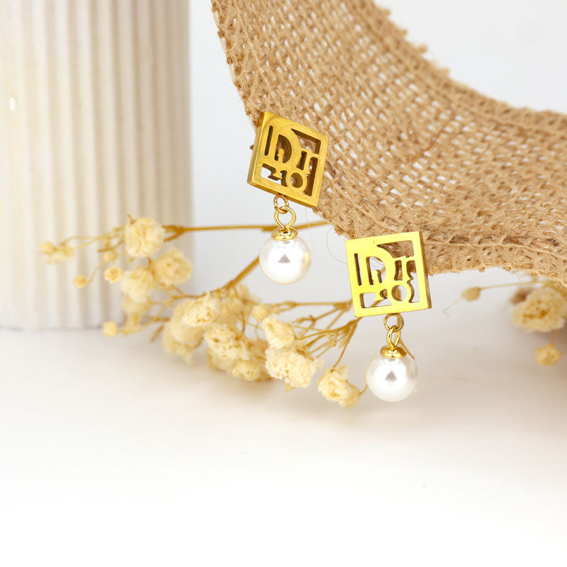 Dior-Inspired Square Pearl Drop Earrings