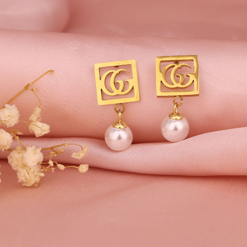 GG-Inspired Gold Square Earrings with Pearl Drop
