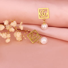 GG-Inspired Gold Square Earrings with Pearl Drop