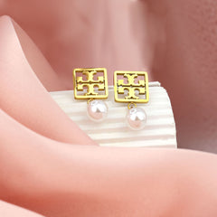 Tory-Inspired Gold Square Pearl Drop Earrings