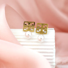 Tory-Inspired Gold Square Pearl Drop Earrings