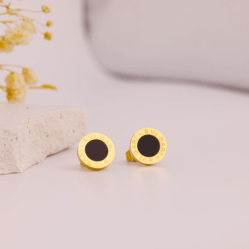 Classic Black Enamel Stud Earrings with Gold Rim