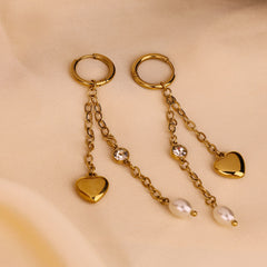 Golden Heart Pearl Drop Earrings
